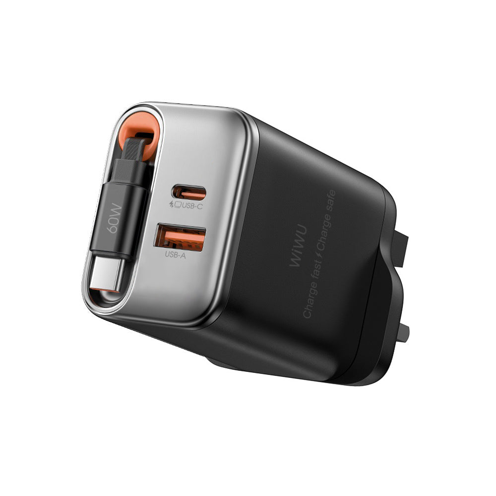 WiWU Wi-G020 67W GaN Charger with Retractable Type-C & Dual USB-C/A Ports