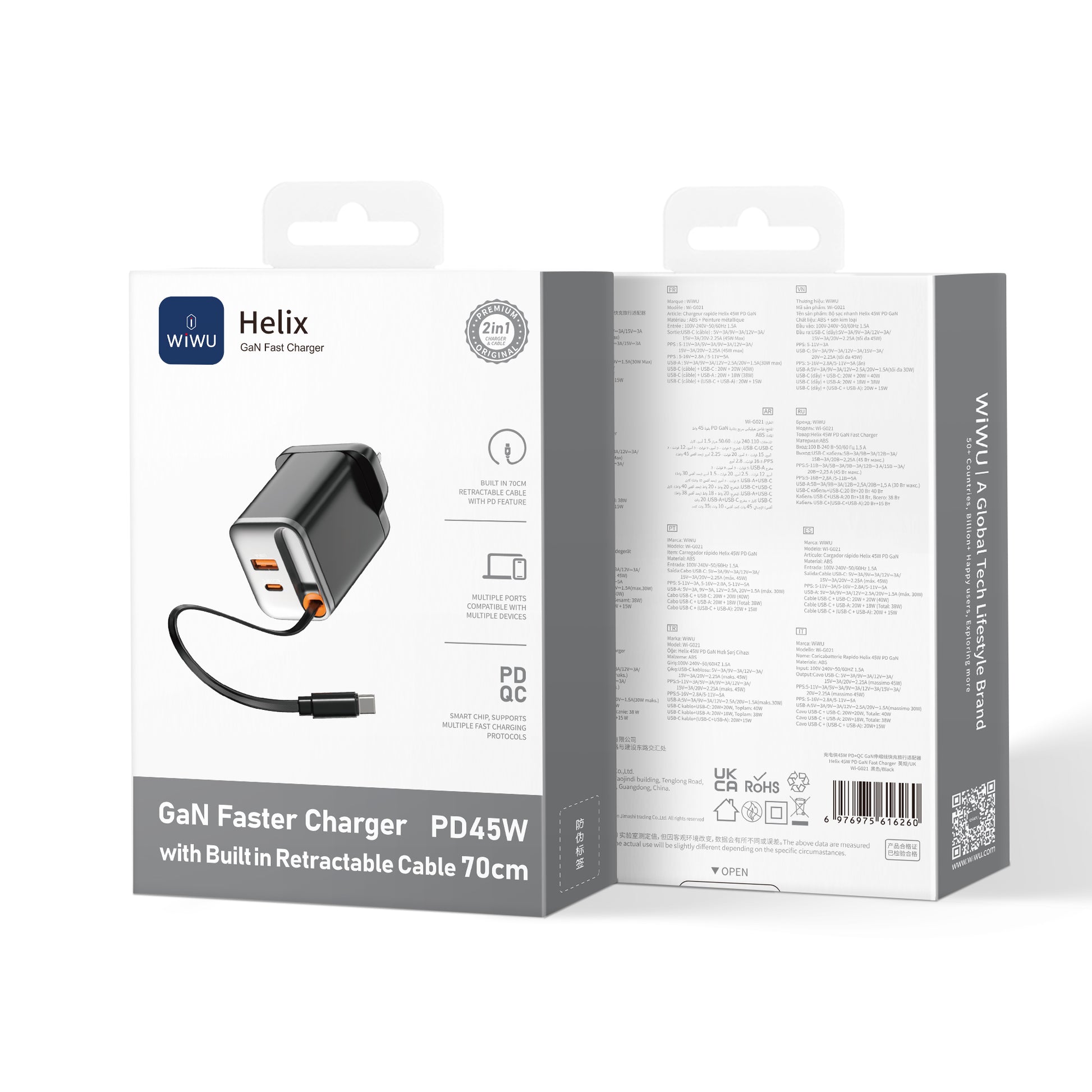 WiWU Wi-G021 45W GaN Charger with Retractable USB-C Cable & 3-Port PD Output