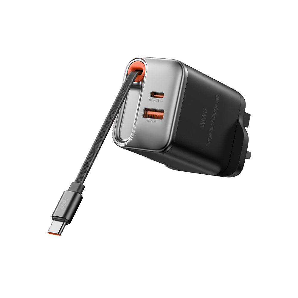 WiWU Wi-G021 45W GaN Charger with Retractable USB-C Cable & 3-Port PD Output