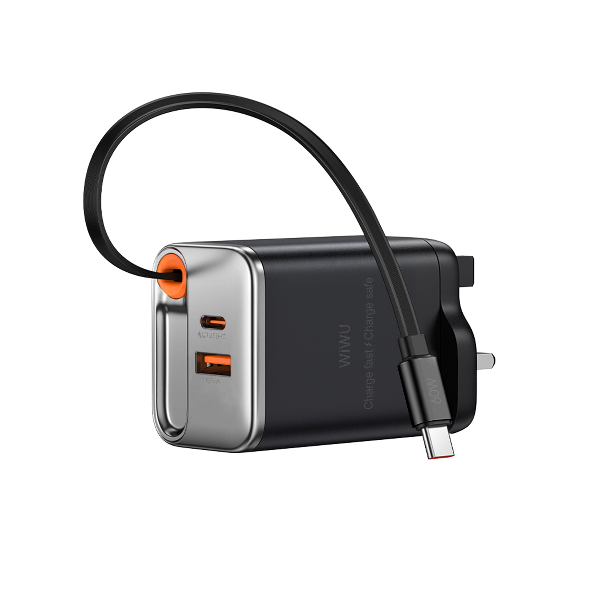 WiWU Wi-G020 67W GaN Charger with Retractable Type-C & Dual USB-C/A Ports