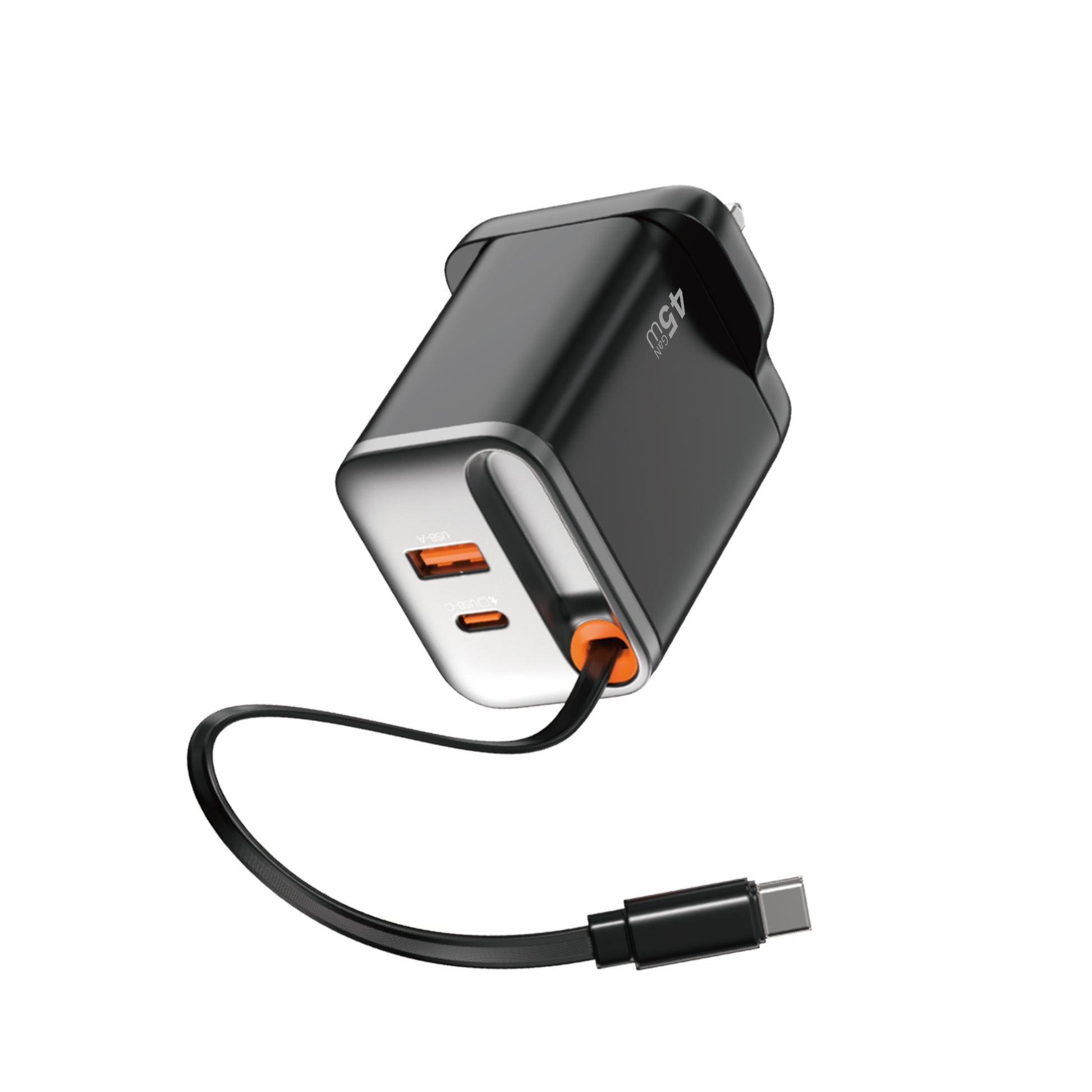WiWU Wi-G021 45W GaN Charger with Retractable USB-C Cable & 3-Port PD Output
