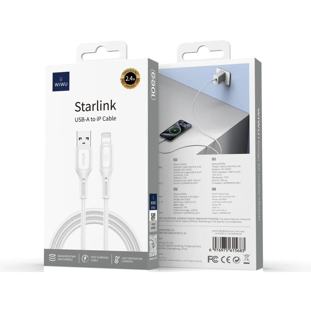 Wi-C042E A-L 2.4A Charging Cable USB - A to Lightning Data Transfer Cable 1M - White - WiWU