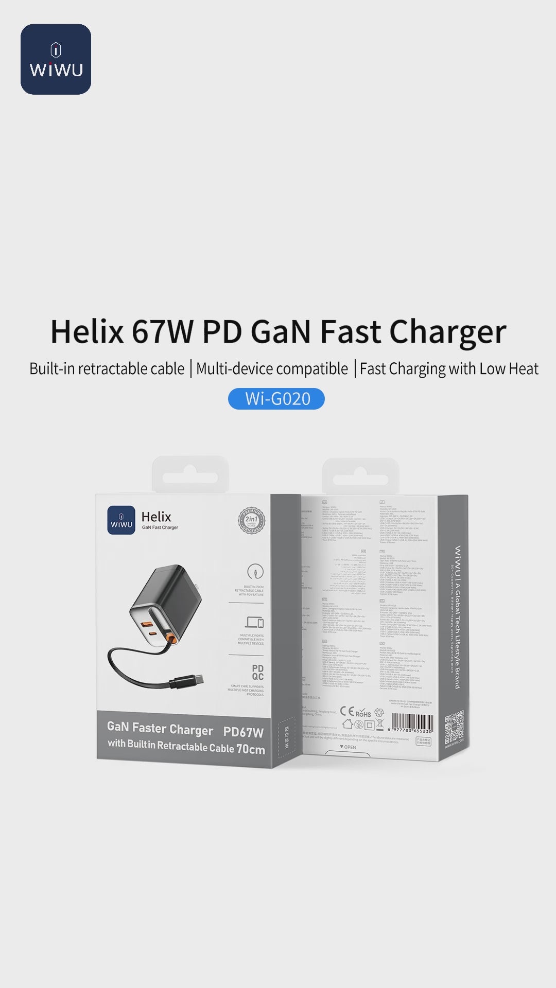 WiWU Wi-G021 45W GaN Charger with Retractable USB-C Cable & 3-Port PD Output